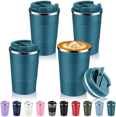 Volhoply 13 oz Stainless Steel Insulated Travel Coffee Mug with Fip Lid Bulk 4 Pack,Reusable Double Wall Vacuum Metal Coffee Cup,Portable Leak Proof Thermal Tumbler for Hot & Cold Drinks(Bule,4) by LiveFully%EF%BC%8CDrinkFreely%E2%80%94KeepGoingwithVolhoply%EF%BC%81
