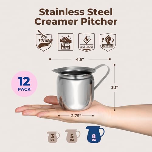 Fit Meal Prep [12 Pack] 8 oz Creamer Pitcher - Stainless Steel Bell Creamers, Mini Cup Container for Serving Milk, Coffee Cream, Salad Dressing, Maple Syrup, Espresso Machine for Restaurant, Cafes - Image 2
