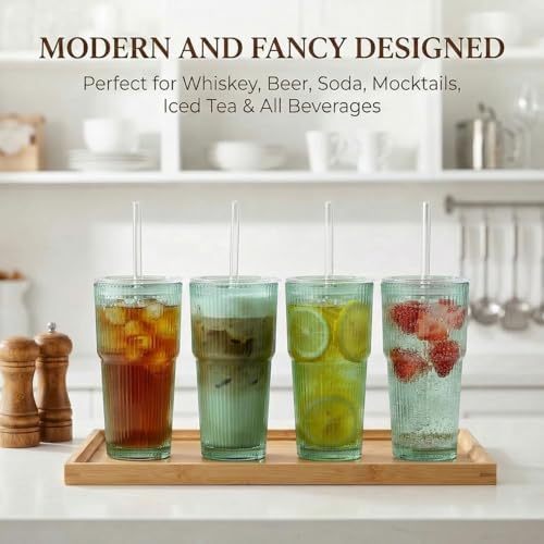 20 oz Ribbed Glass Tumbler with Lid and Straw, Green Glass Iced Coffee Cups, Spill-proof Glasses Tumbler, Drinking Glasses Set of 4, Vintage Glassware for Cocktail, Juice, Smoothies - Image 2