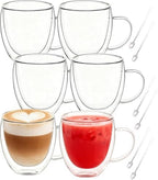 Glass Coffee Cups Set Of 6 - 8.5oz Double Walled Glass Coffee Mugs with Handle,Clear Insulated Borosilicate Glass Mug,Suitable for Cappuccino,Tea,Latte,Hot Beverage and Wine (6 Pack 8.5oz +6 Spoons) by Unknown