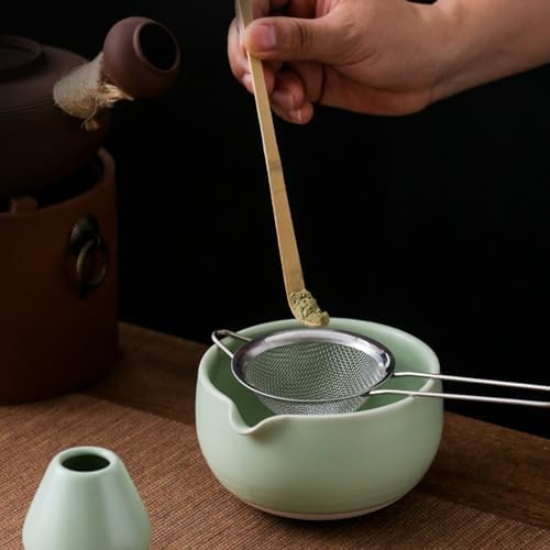 Green Japanese Matcha Tea Set of 4 Ceremony Matcha Kit with Matcha Bowl(Chawan) with Pouring Spout, Matcha Whisk (Chasen), Scoop (Chashaku) for Japanese Tea Ceremon - Image 4