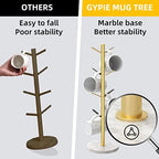 Gypie Gold Mug Holder Tree with Marble Base, 8 Hooks Standard Coffee Cups - Image 3