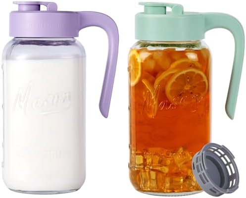 Mason Jar Pitcher - Airtight & Leakproof Glass Pitcher with Lid, Perfect for Breastmilk, Cold Brew, and Sun Tea, 2 Quart (64 oz) Mason Jar with Pour Spout Lid by spreccio