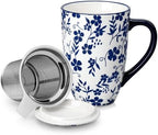vancasso SELENE Porcelain Tea Mug, 18 oz Porcelain Tea Cup with Infuser and Lid Steeps Loose Leaf Tea, Microwave & Dishwasher Safe, Five-Leaf Clover by vancasso