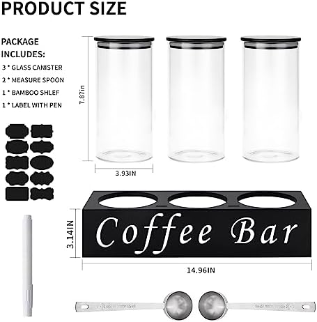 ZOMUIA Glass Coffee Containers Airtight Coffee Bean Storage Jars with Shelf, 3Pcs 44oz Coffee Station Organizer Coffee Canisters, Kitchen Food Storage Jars for Sugar, Candy, Oats, Nuts (BLACK) - Image 4