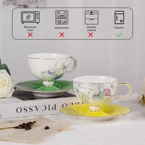 KAMMAK Tea Cups Set of 2,Ceramic Floral Pattern Demitasse Cup - Image 6