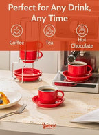 Sweese 8 Ounce Porcelain Stackable Cappuccino Cups with Saucers and Metal Stand - for Specialty Coffee Drinks, Cappuccino, Latte, Americano and Tea - Set of 4, Red - Image 4