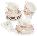Cup and Saucer Sets of 6 with Spoon, 8oz Ceramic Tea Cups Saucers Set Porcelain New Bone China Floral Vintage Coffee Cup & Saucer Sets -Microwave Dishwasher Safe (Pink) - Image 7