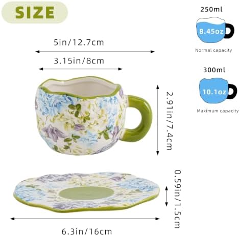 Ceramic Cup with Saucer，floral tea cup for Coffee,Cappuccino and Tea (2, Green) - Image 2