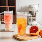 INSETLAN 24 oz Ribbed & Floral Glass Tumblers with Handle, Set of 2 Cups - Image 3