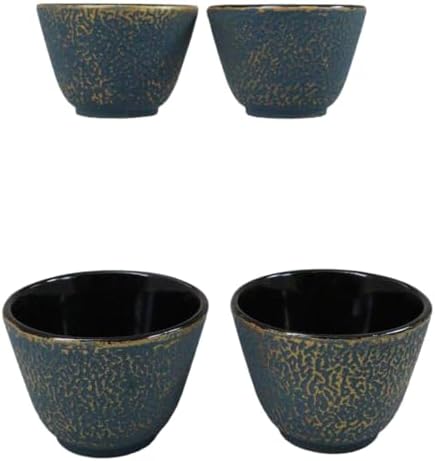 Ebros Gift Pack Of 4 Japanese Traditional Tetsubin Style Textured Surface Cast Iron Tea Cups Teacups Drinkware Tea Service Far East Decorative Accent (Teal Blue With Gold) - Image 3