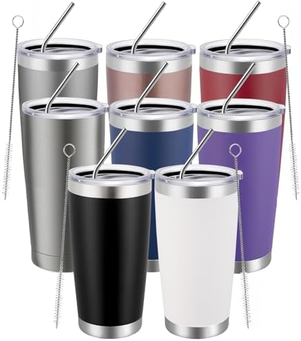 MEWAY 20oz Tumbler 8 Pack Double Wall Vacuum Insulated Travel Mug Bulk, Mix Color Stainless Steel Tumblers with Lid and Straw, Durable Powder Coated Coffee Cups for Cold & Hot Drinks（Mix Color, 8 by MEWAY