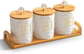 Set of 3 Ceramic Canisters for Sugar Coffee Tea with Tray, White Airtight Food Storage Jars with Wood Lids, Kitchen Counter Storage Containers - 23oz by Sowlvenco