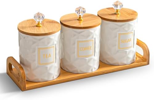 Set of 3 Ceramic Canisters for Sugar Coffee Tea with Tray, White Airtight Food Storage Jars with Wood Lids, Kitchen Counter Storage Containers - 23oz by Sowlvenco