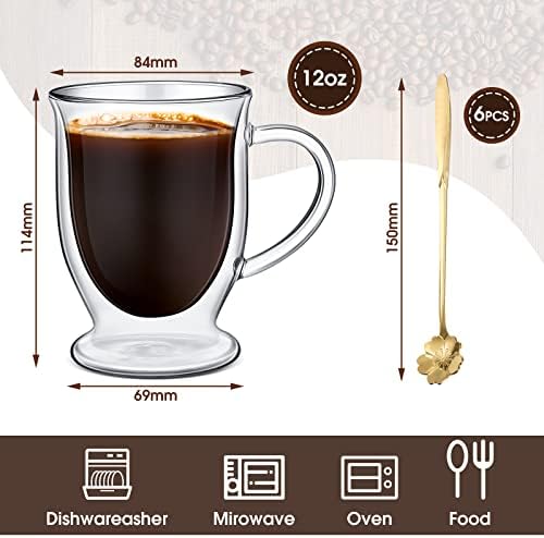 Gejoy 6 Sets Double Wall Glass Coffee Mugs with Spoon Insulated Clear Coffee Mug with Handle Borosilicate Glass Coffee Cups Latte Cup for Cappuccino, Tea, Latte, Espresso, Hot Beverage(12 OZ) - Image 3