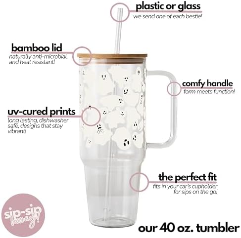 Sip-Sip Hooray! Classic Ghosties 40oz Glass Tumbler with Lid and Straw - Image 3