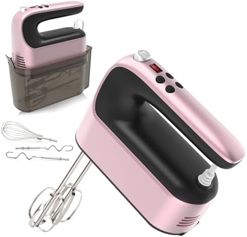 Yomelo 9-Speed Digital Hand Mixer Electric, 400W Powerful DC Motor, Hand Mixer Electric Handheld with Snap-On Storage Case, 5 Stainless Steel Accessories, Beaters, Dough Hooks, Whisk(Rose Gold) by Yomelo