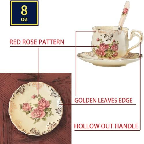 Tea Cups and Saucers Set of 6, 8 Oz Ivory Porcelain Teacups with Pink Rose Floral Pattern, Trim Vintage European Style Teacup Sets with Spoons for Afternoon Tea & Home Entertaining - Image 3