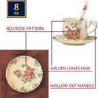 Tea Cups and Saucers Set of 6, 8 Oz Ivory Porcelain Teacups with Pink Rose Floral Pattern, Trim Vintage European Style Teacup Sets with Spoons for Afternoon Tea & Home Entertaining - Image 3