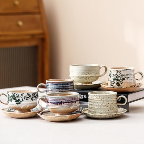 Premium Boutique Luxury Vintage Espresso Cups Set Coffee Mug Ceramic Tea Cup Comfy Handle (Wabi-Sabi Green High Foot Set) - Image 2