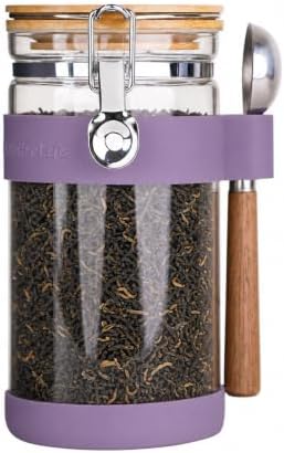 KKC Airtight Glass Tea Canister 40 oz/1200 ml with Scoop, Loose Leaf Tea Storage Container with Bamboo Lid & Silicone Base Protector for Home Tea Bar, Herbal & Black Tea Jar, Lavender by KKCHOMEACCENTSGmbH