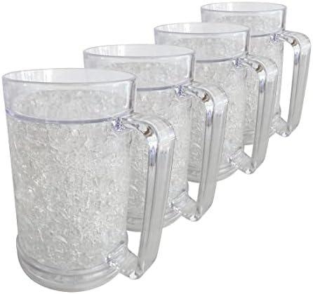 Lily's Home Freezer Beer Mugs with Handles, 16 oz Set of 4 – Clear Frosted Double Wall Insulated Acrylic, Gel-Filled, Break-Resistant for Home Bar, Pool Parties, BBQ & Outdoor by LilysHome