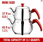 Hakan Teapot Set with Self Strainer Double Lids, Stainless Steel Mini Double Bondy Tea Pot Set, Turkish Samovar Style, Tea Kettle for Loose Leaf Tea with Bakelite Handle | 0.84 + 1.26 Qt. - Image 3