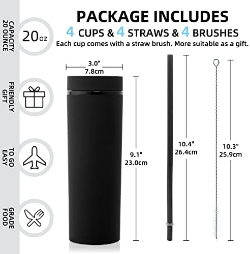 Volhoply 20oz Plastic Skinny Tumblers Bulk 10 Pack,Double Wall Tumbler with Lid and Straw,BPA Free Matte Acrylic Iced Coffee Cups with Straw,Reusable Travel Cute Mug for Party,DIY Gift(Black,10 Set) - Image 3