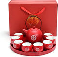 Chinese Traditional Wedding Gift Tea Set - Kung Fu Teapot With 8 Teacups and Round Tray - Red Decoration by Unknown
