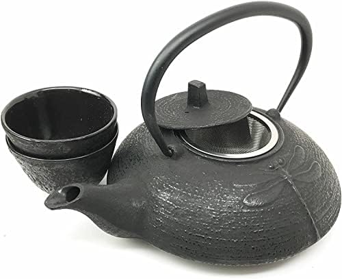 Ebros Gift Traditional Tetsubin Feng Shui Black Tombo Dragonfly Engraved Heavy Cast Iron Tea Pot And Cups Set Serves 2 Home Decor Zen Asian Fusion And Housewarming Accent Decorative Teapots - Image 4