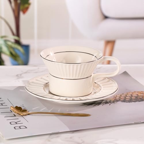 Tea Cups and Saucers Set of 2, 6.7oz Stackable Porcelain Coffee Cup, YFH8+9 - Image 6