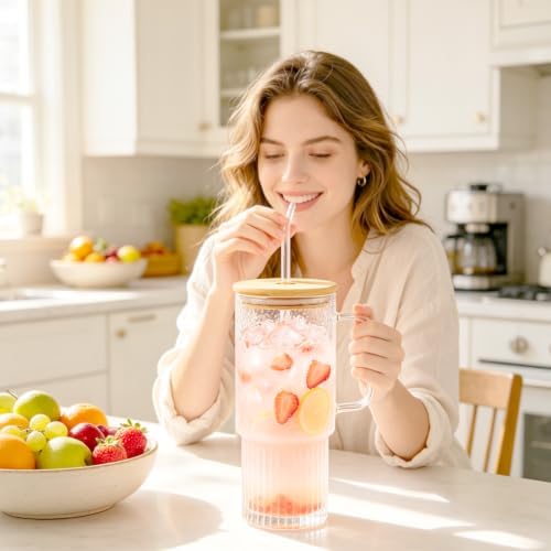 32 oz Glass Water Tumbler with Handle, Glass Cups with Bamboo Lid & Straw - Image 4
