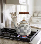 Checkered Tea Kettle for Checkered Kitchen Decor - Gray and White Tea Kettle for Stovetop - Stylish Enamel Teapot with Wooden Handle - Vintage Classic Teapot with Elegant Lid & Knob- 2.5 Quart - Image 2