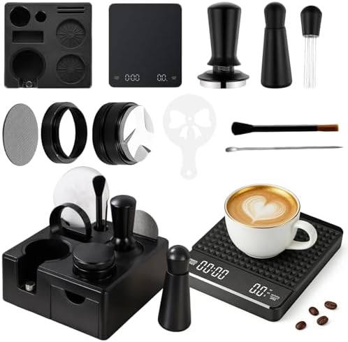 10 PCS Espresso Accessories Kit - 51mm Espresso Tools Set with WDT Tool, Espresso Tamper, Tamping Station, Coffee Distributor, Dosing Funnel, Puck Screen, Latte Art Pen,Stencils & Coffee Scale by Unknown