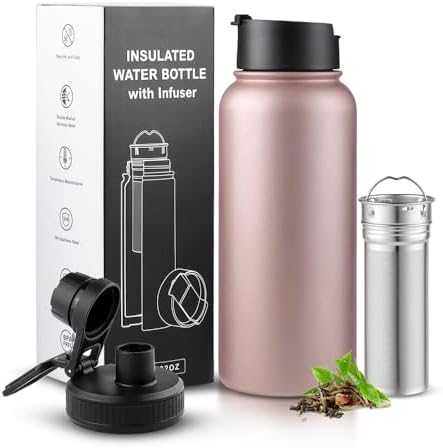 Sivaphe Infuser Water Bottle with Removable Strainer for loose leaf Tea 18/8 Stainless Steel 32 oz Insulated Tea Tumbler Gift for Women Rosegold by Sivaphe