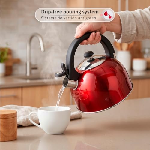 Magefesa Sabal Stainless Steel Whistling Tea Kettle, 2.1 Qt, Drip-Free Pouring Spout, Ergonomic Handle, Removable Lid - Image 4