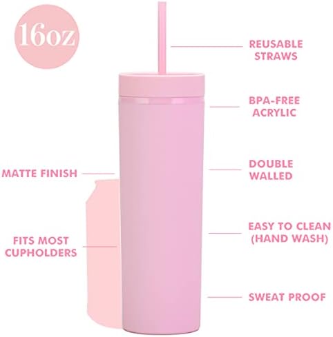 16oz Skinny Tumblers Bulk.Matte Light Pink Tumblers with Lids and Straws.Double Walled Plastic Acrylic Pastel Tumbler Cups for Iced Coffee Smoothie.DIY Slim Tumbler. - Image 2