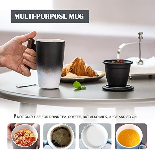 suyika Tomotime Ceramic Tea Cup with Infuser and Lid Tea Mugs Wooden Handle 400ml/13.5oz Black - Image 4