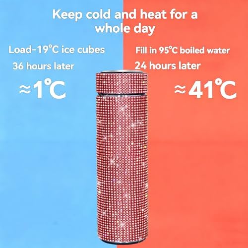 17 oz Bling Stainless Steel Water Bottle Rhinestone Vacuum Water Bottle Glitter Bottles Diamond Vacuum Flask Mug Gift Girls Women (500ml),Red - Image 4