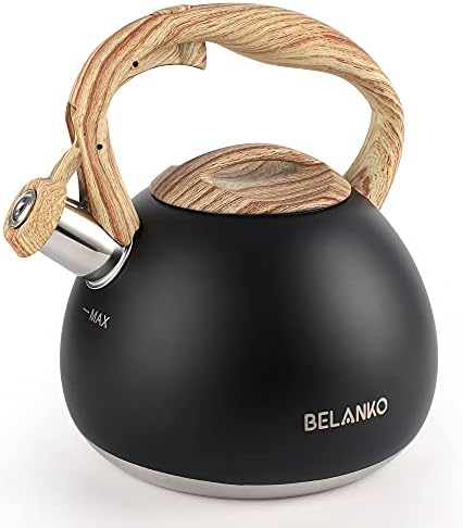 BELANKO 2.7 Quart Tea Kettle for Stovetops - Food Grade Stainless Steel Teapot with Loud Whistle, Cool-Touch Wood Pattern Handle, Rust-Resistant Whistling Kettle - Matte Black by BELANKO
