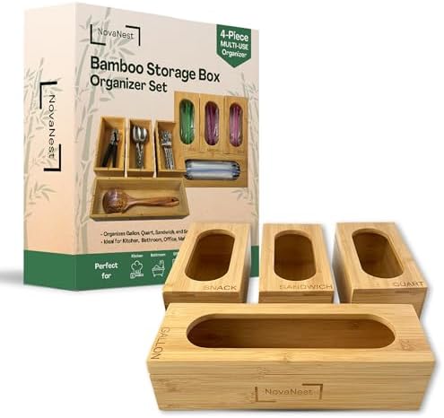 4PCS Bamboo Storage Bag Organizer Set Multi-Use Baggie Organizers for Gallon, Quart, Sandwich, Snack Food Bags, Tea Bag, Silverware, Ideal for Kitchen, Office, Makeup, Bathroom, Utensil, Junk Drawer by NovaNest