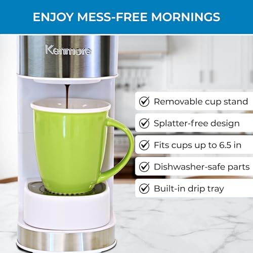 Kenmore Single Serve Coffee Maker – 6–12 Oz Brew Sizes, Compatible with Keurig K‑Cup Pods & Ground Coffee, One Cup Brewer, Travel Mug Friendly, Auto Shut‑Off, Hot & Iced maquina de cafe, White - Image 4