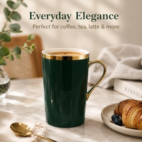 Green and Gold Coffee Mugs Set of 6, 12 oz Porcelain - Image 5