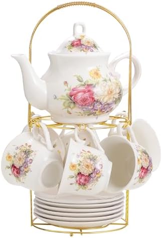20-Pieces Porcelain Tea Sets For Women, Tea Set For Adult with Golden Metal Rack,Tea Gift Sets for Home&Party(012) - Image 2