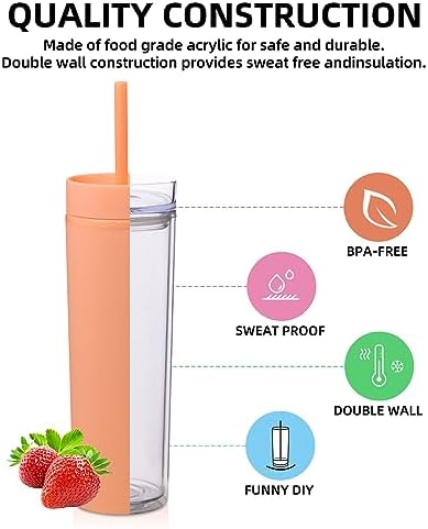 Volhoply 16oz Plastic Skinny Tumbler with Lid and Straw Bulk 8 Pack,Insulated Double Wall BPA Free Matte Acrylic Tumblers,Iced Coffee Travel Mug Reusable Party Cup,Customizable Diy Gifts(Orange,8 Set) - Image 3
