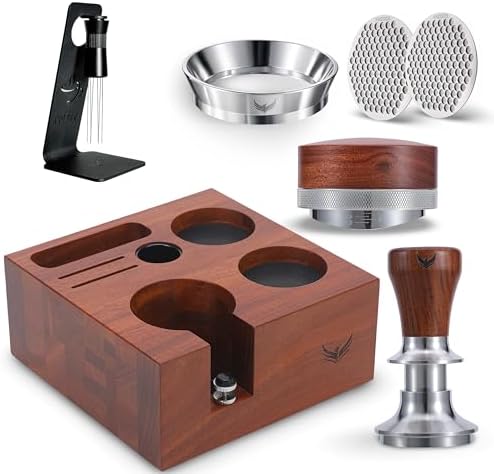 Rosewood 58mm Espresso Tamper Kit – Tamping Station, Self Leveling Tamper, Coffee Leveler, WDT Tool, Portafilter Funnel and Puck Screen Set by KNODOS
