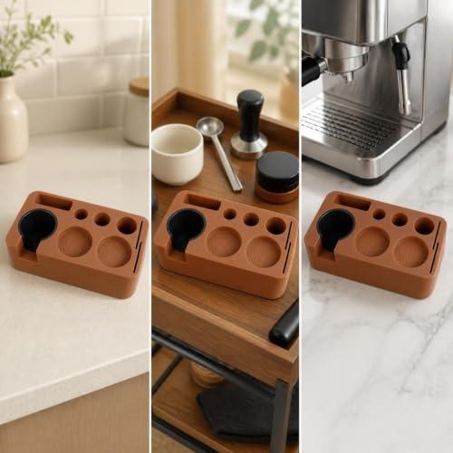 Non-Slip Coffee Tamper Kit Organizer | Silicone pressing Mat with Portafilter Stand, pressing Station with Slots, for home use, Baristas, Black - Image 2