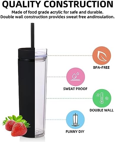 Volhoply 16oz Plastic Skinny Tumbler with Lid and Straw Bulk 8 Pack,Insulated Double Wall BPA Free Matte Acrylic Tumblers,Iced Coffee Travel Mug Reusable Party Cup,Customizable Diy Gifts(Black,8 Set) - Image 3