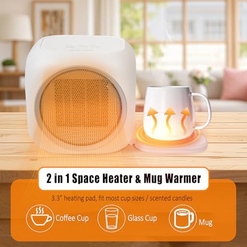 2 in 1 Space Heater & Smart Mug Warmer for Desk with Thermostatic 12H Auto Shut Off for Home Office, Ideal Coffee Lover Gift (White) - Image 2