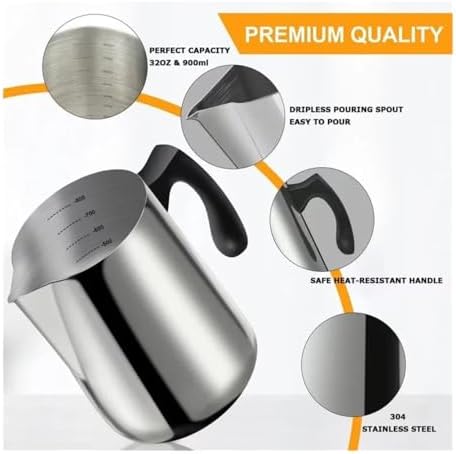 Milk Frother Cup,Coffee Jug,600/900ml 304 Stainless Steel Insulated Handle Wax Cup Espresso Craft Latte Milk Cream Foam Cup Home Café(900ml) - Image 5